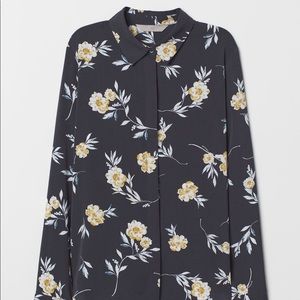 Long sleeve dark grey button up floral button up blouse
